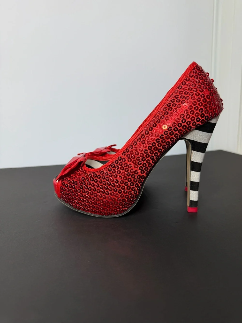 Iron Fist Red Sequin Peep-Toe Heels with Black-and-White Striped Heel
